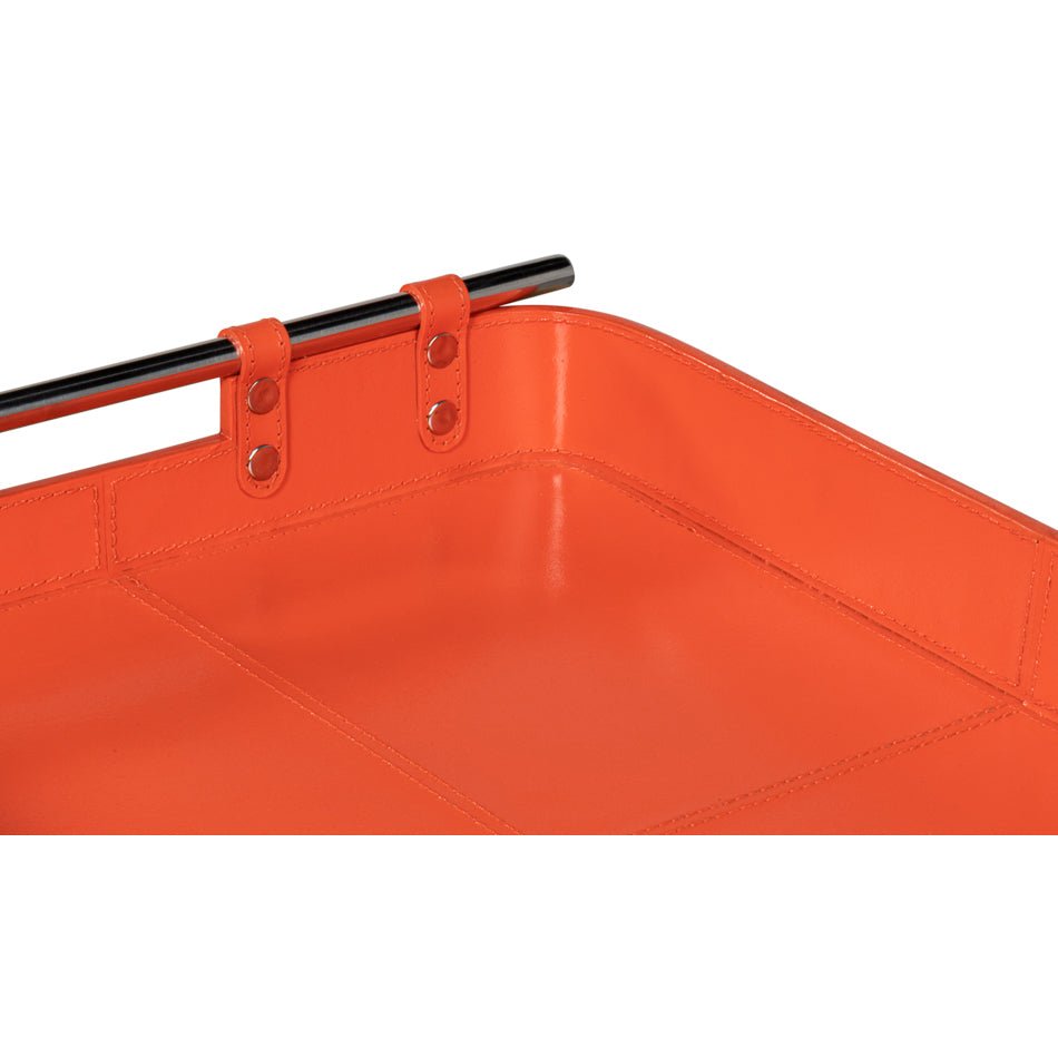 Close-up interior view of orange leather tray stitching.