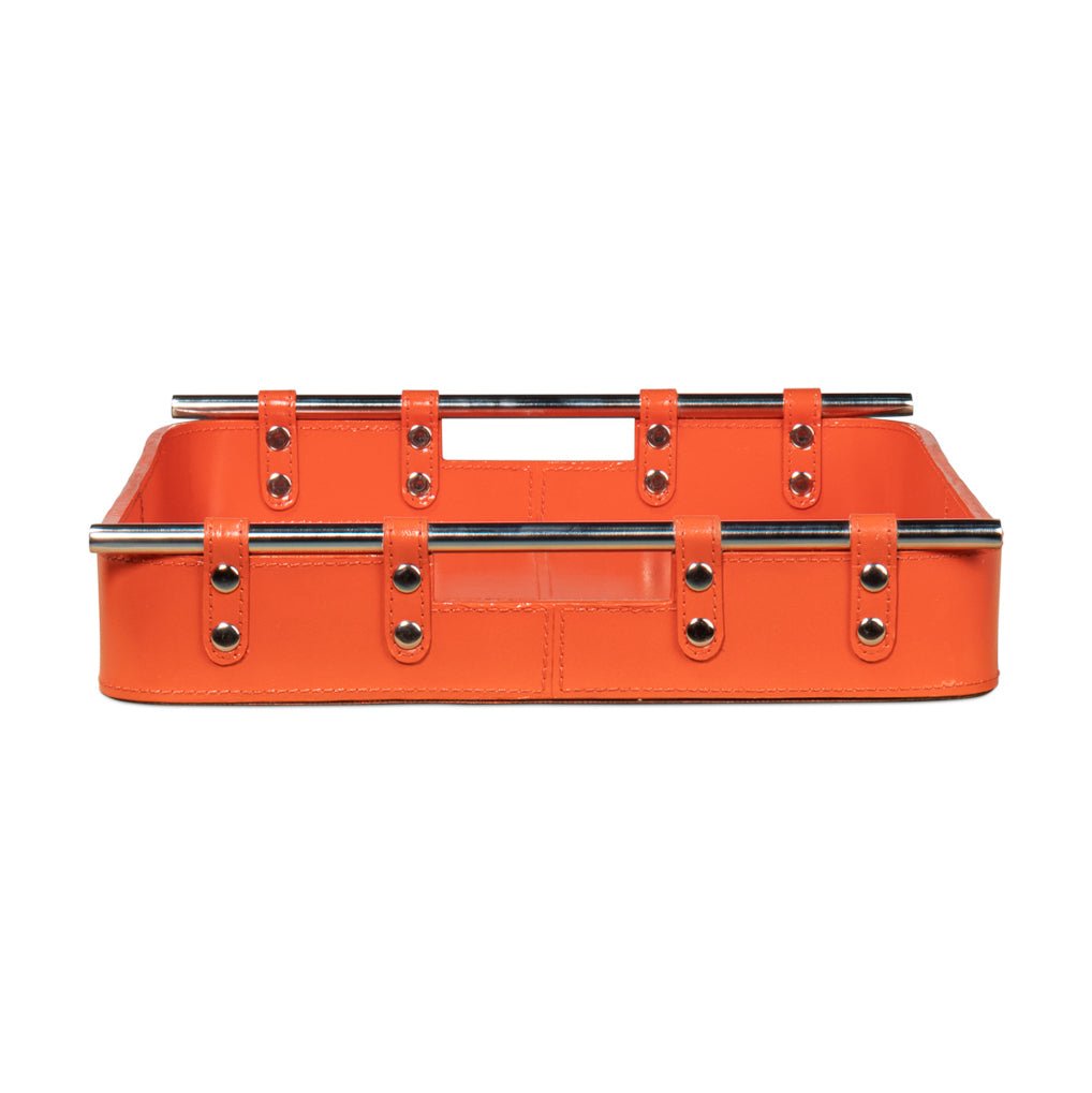 Front perspective of orange leather tray with side handles.