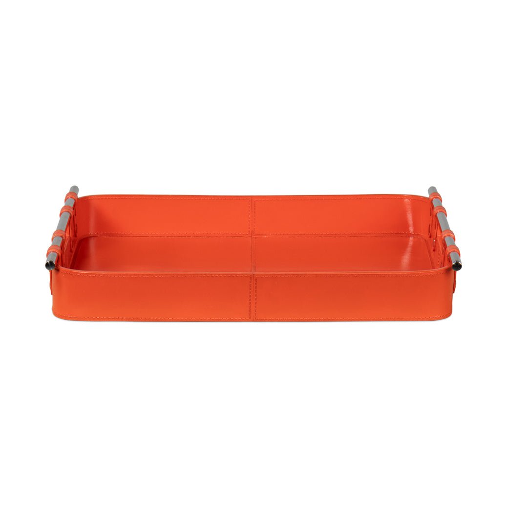 Side view of orange leather tray and metal handles.