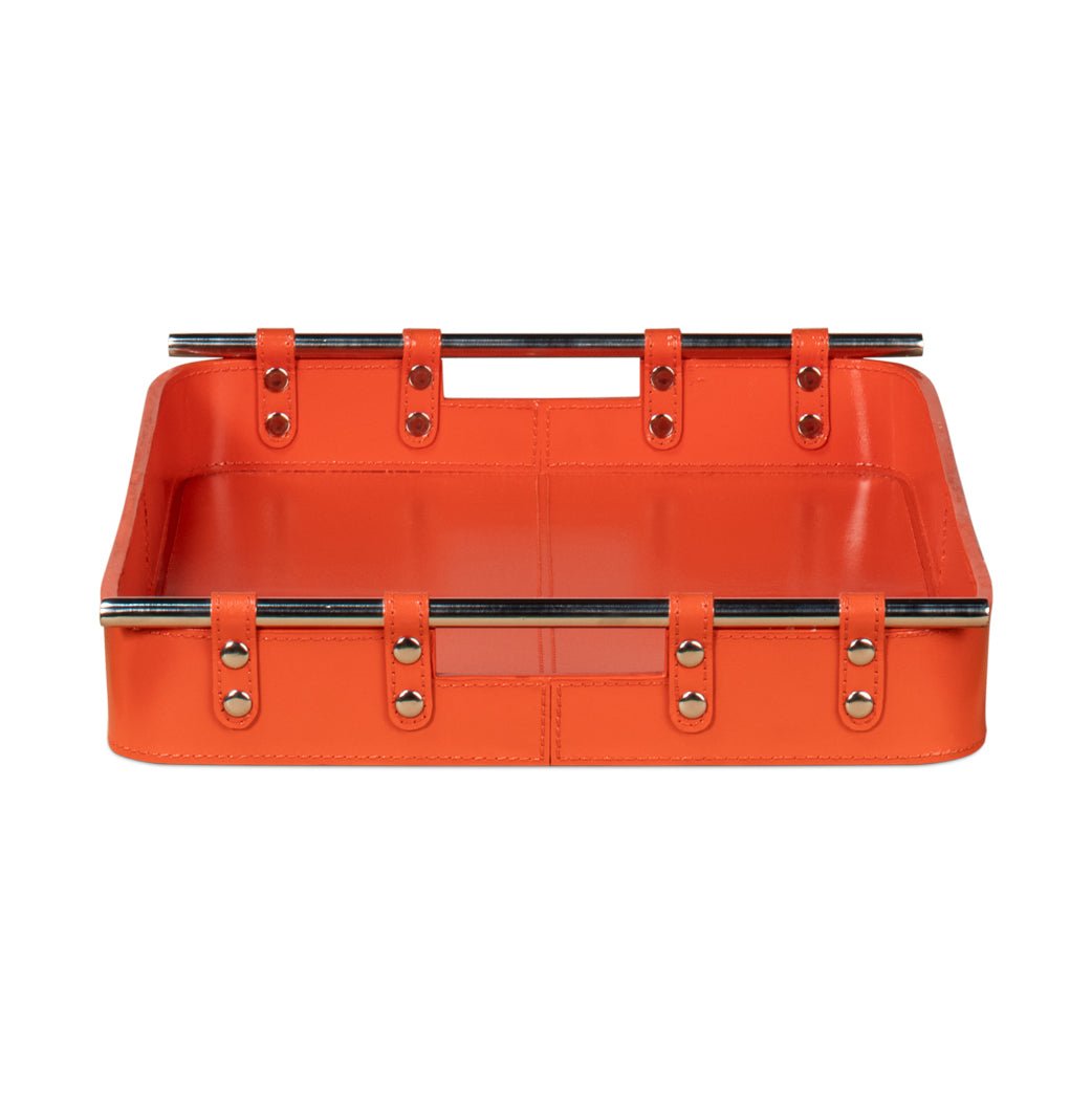 Front view of orange leather tray with metal accents.