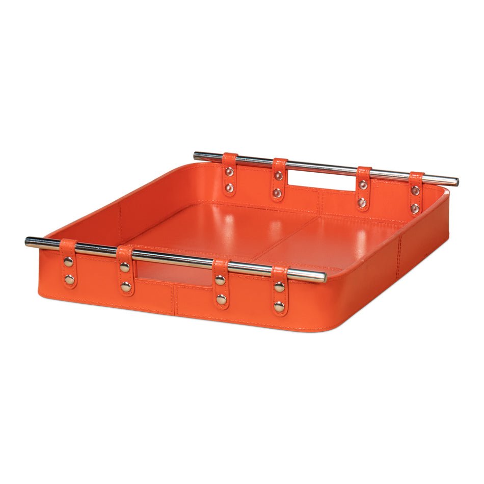 Orange leather tray angled view showcasing handle design.
