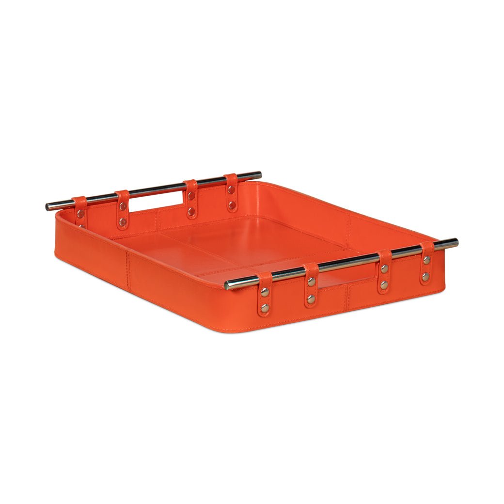 Orange leather tray top view.