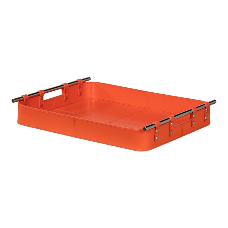 Orange leather tray angled view with metal handles.