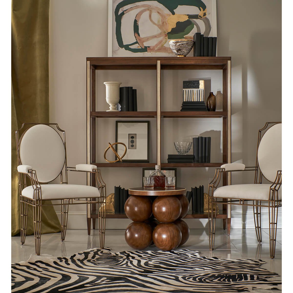 Accent table in elegant living room setup with chairs.