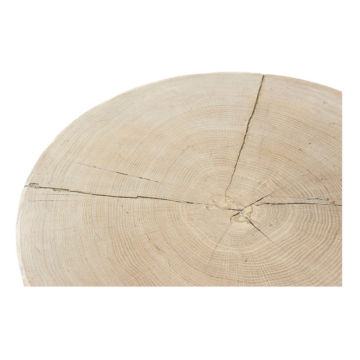 Top view of aged oak accent table surface rings.