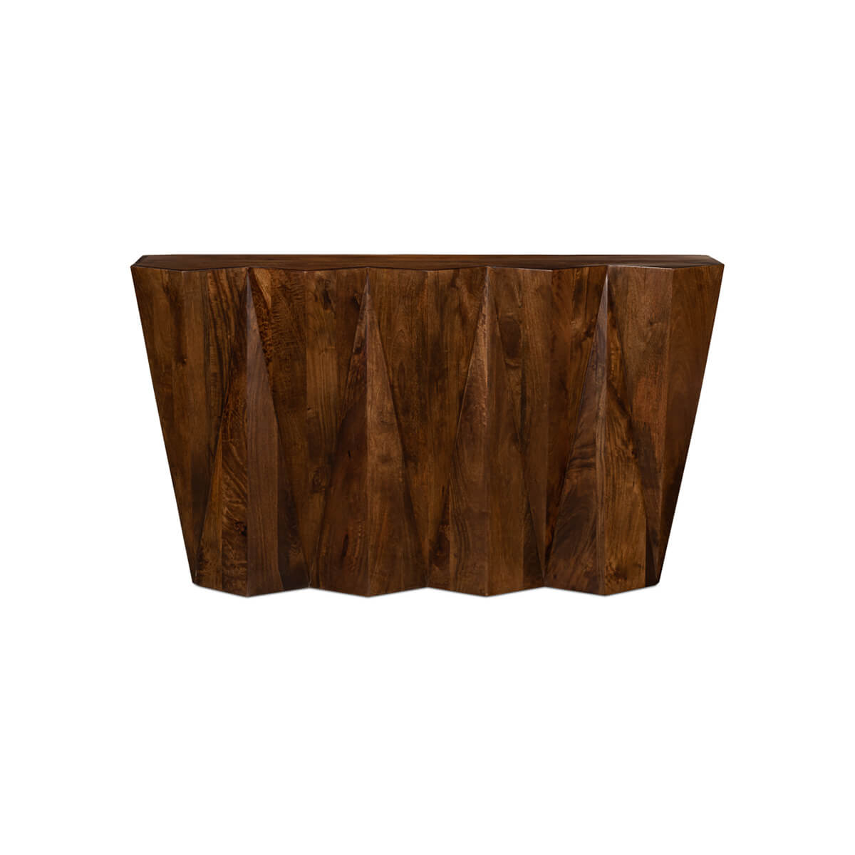 Straight front angle of wooden geometric console table.