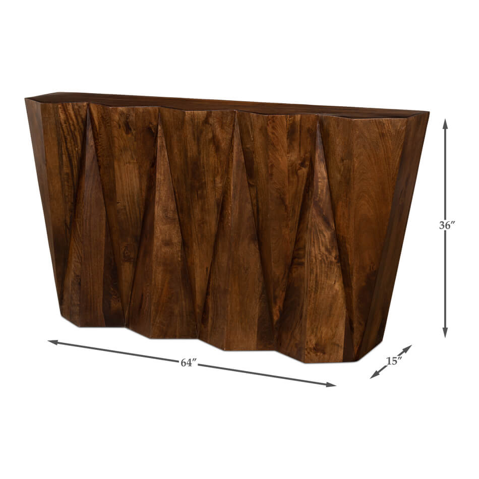Dimensions of geometric console table displayed with measurements.