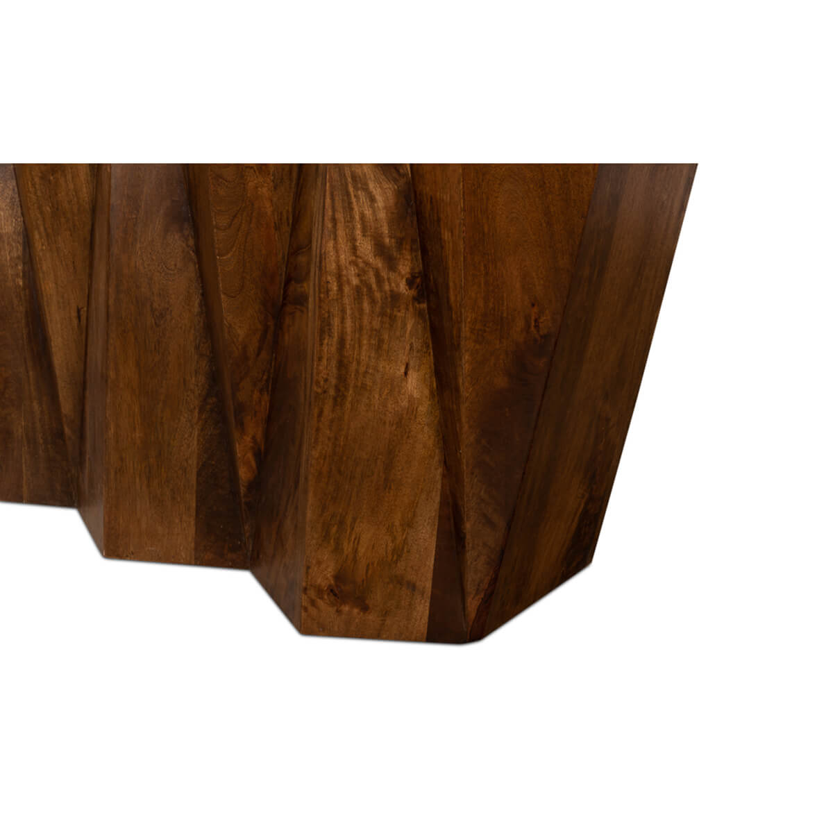 Detailed view of the wooden texture and angular base.