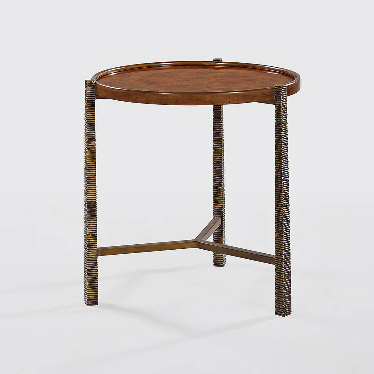 Burl top side table with detailed textured legs.