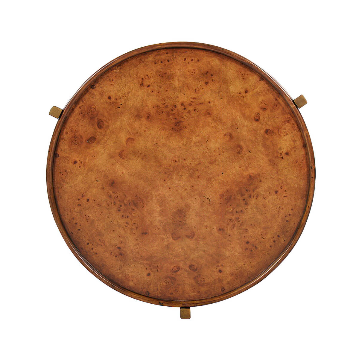 Top view of round burl top side table.