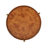 Top view of round burl top side table.