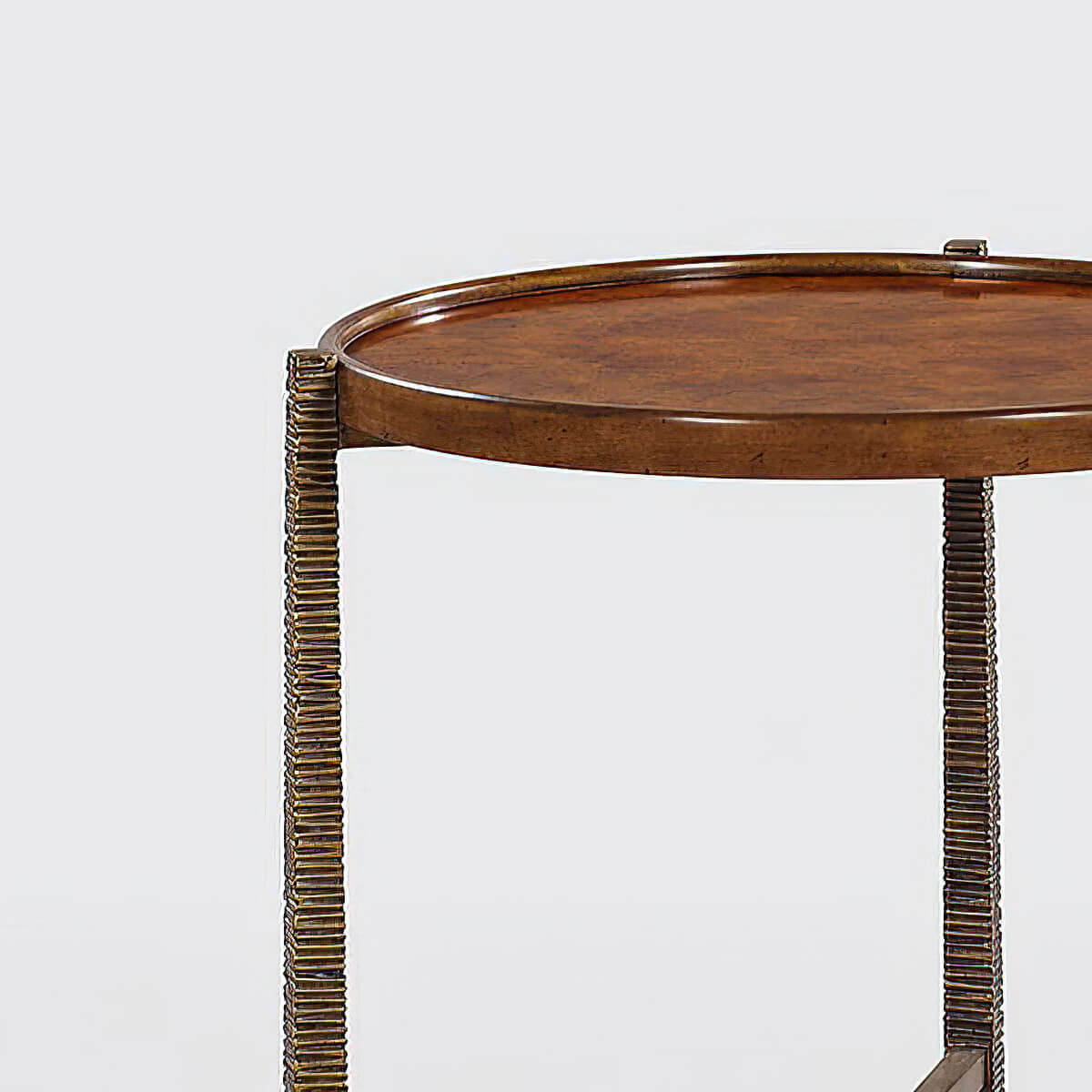 Close-up of burl top table surface and legs.