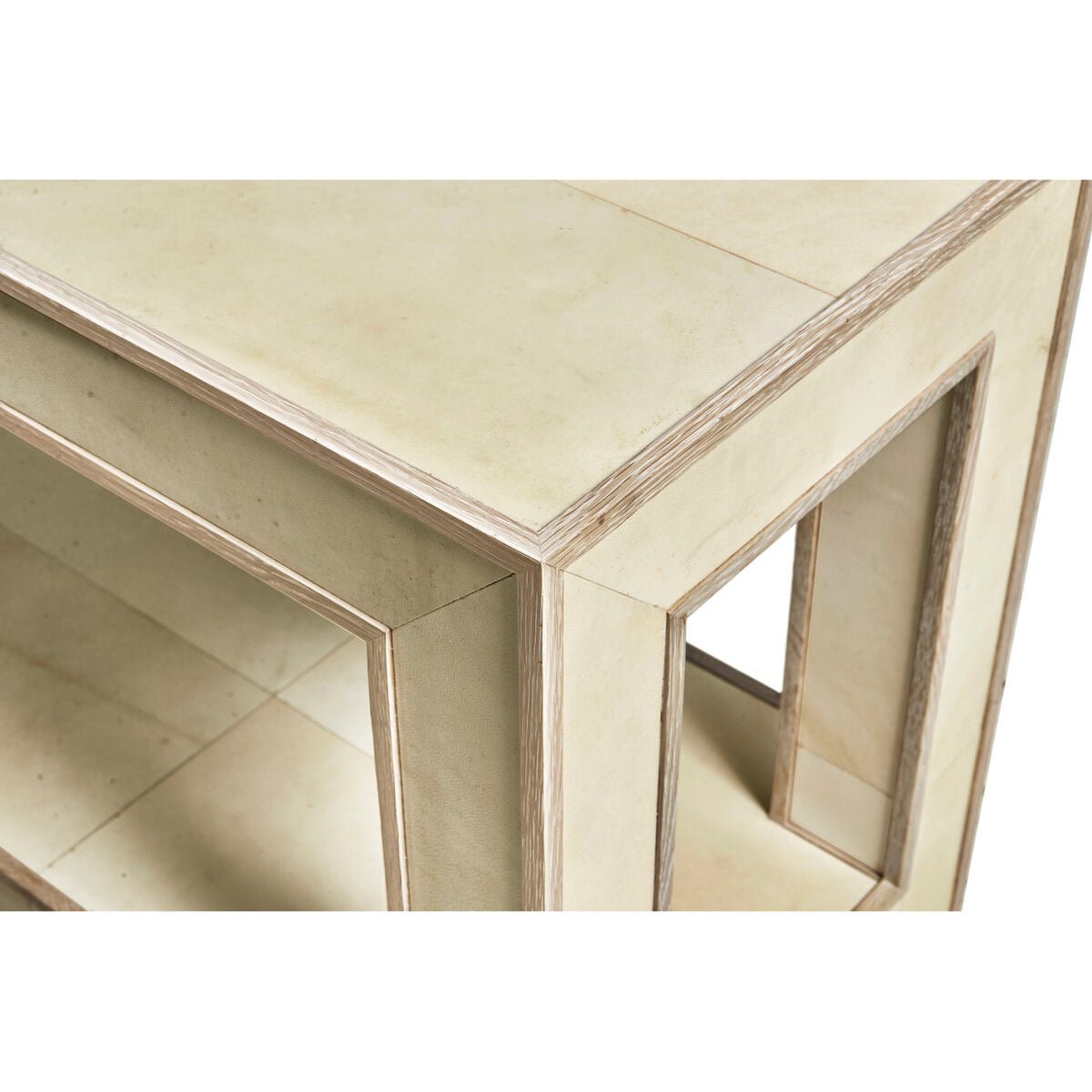 Corner design of organic modern console table.