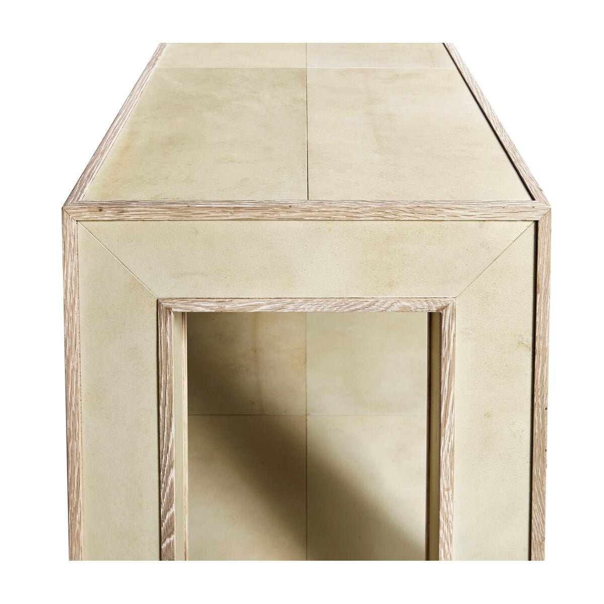 Narrow side view of organic modern console table.