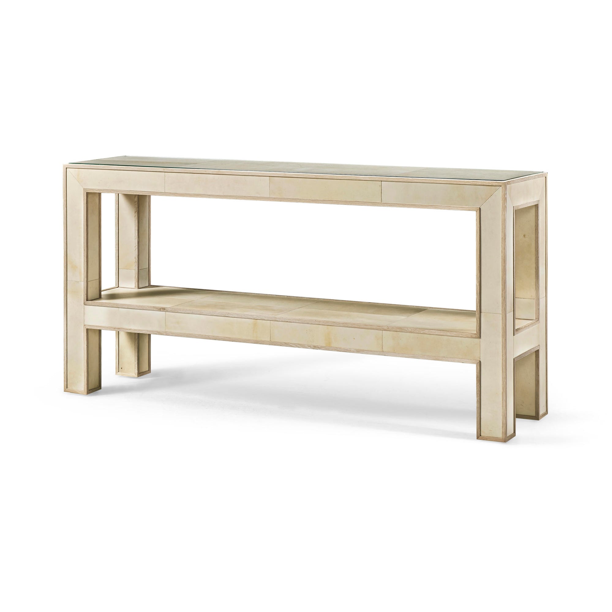 Front view of organic modern console table.