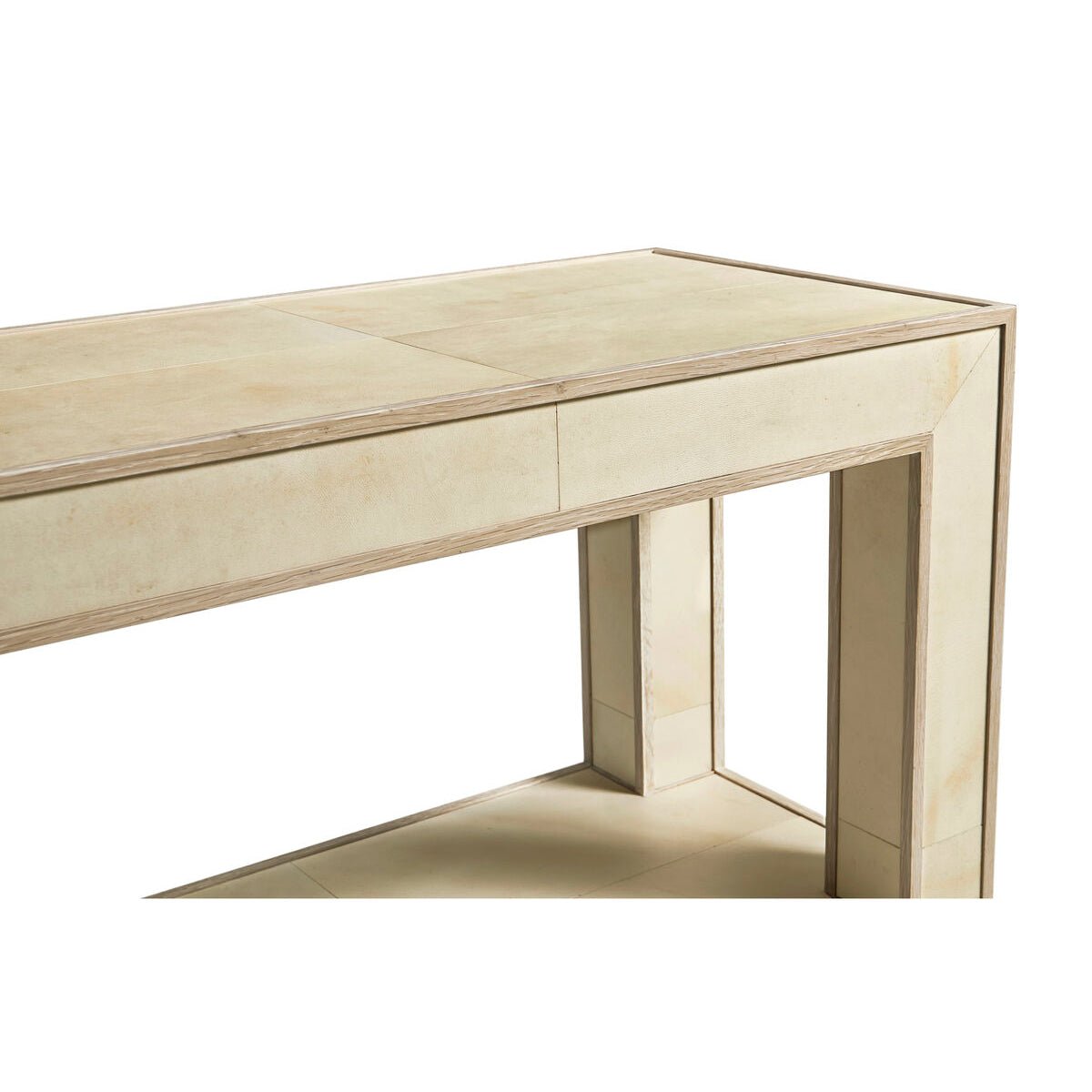 Close-up of organic modern console table edge design.