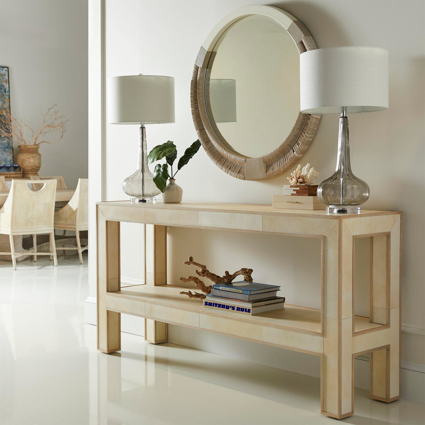 Styled room with organic modern console table.