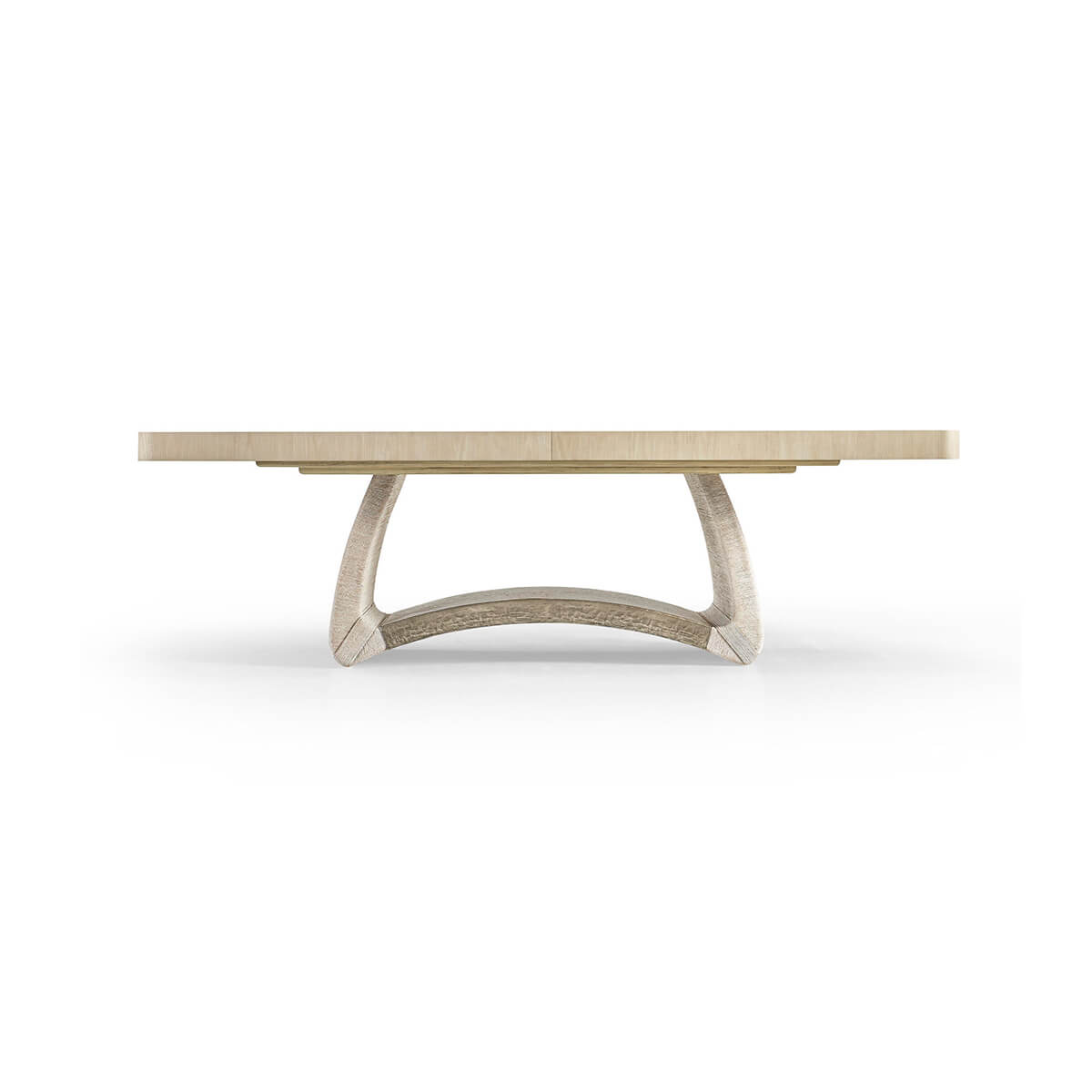 Dining table with modern curved base, front view.
