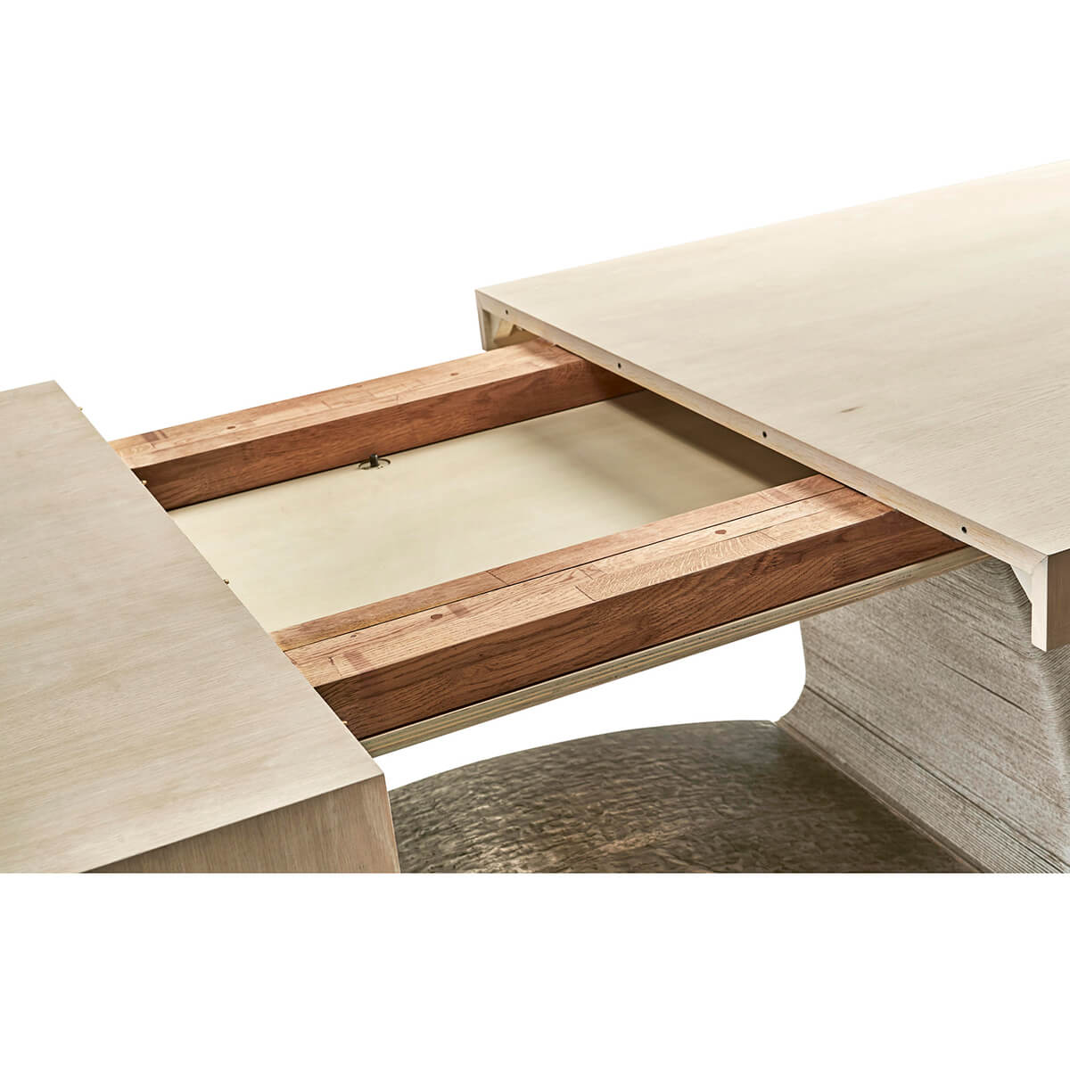 Dining table extendable section mechanism, exposed view.