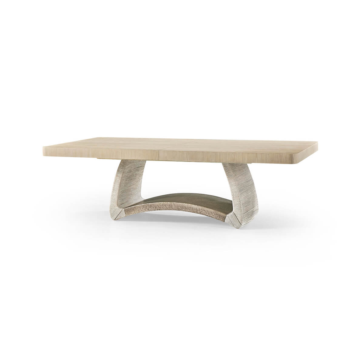 Dining table with curved base, angled view.
