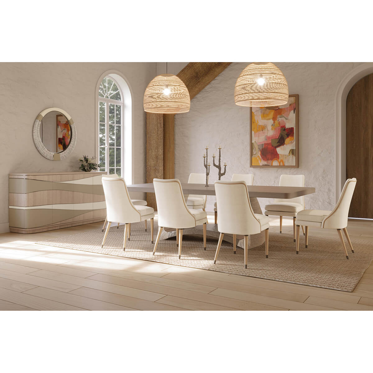 Dining table in modern dining room setting, interior view.