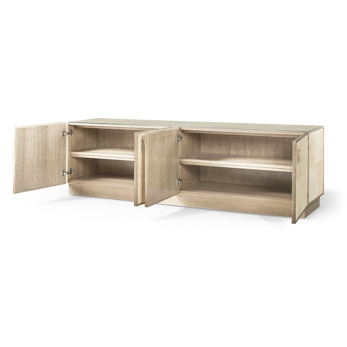Open cabinets of entertainment console with interior shelves.
