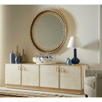 Console styled with decor in a living room setting.