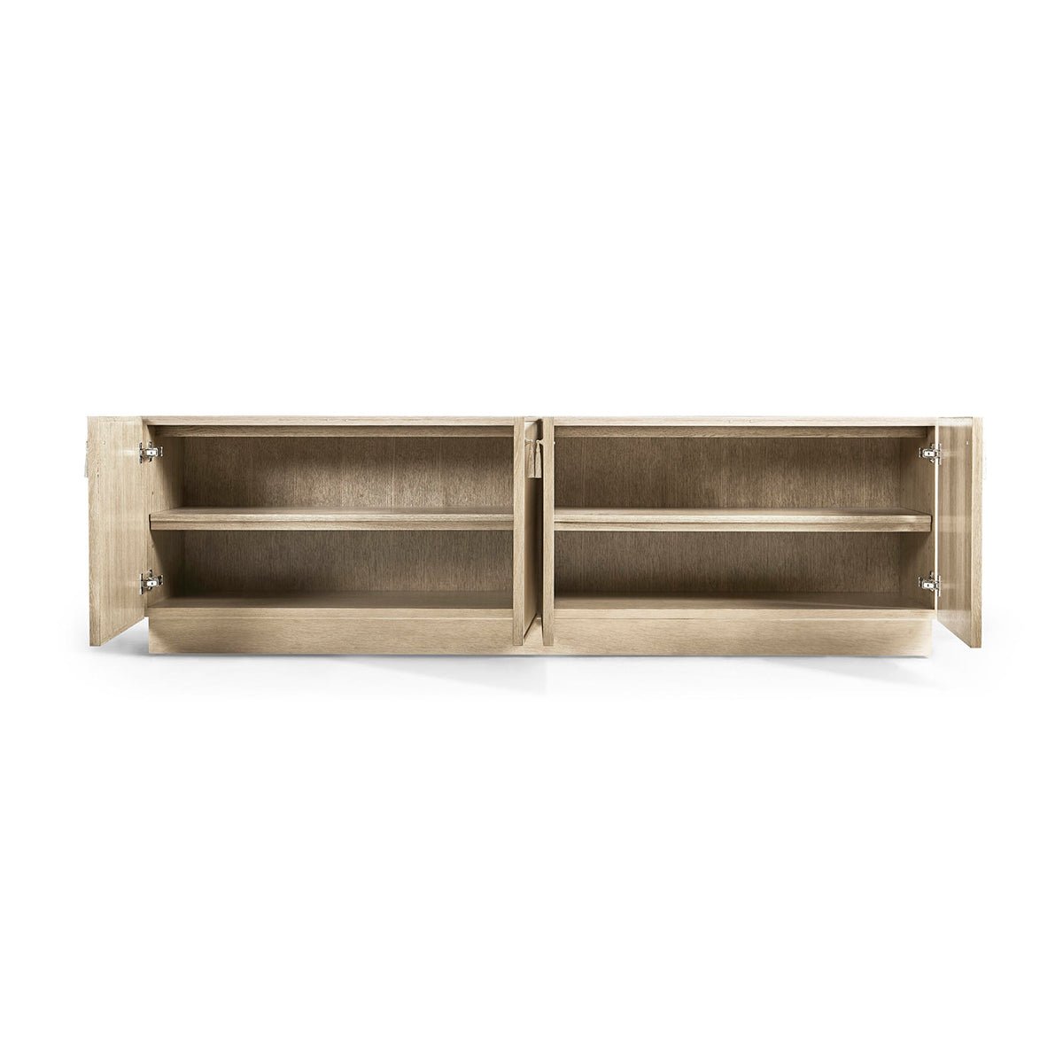 Interior of entertainment console featuring open shelving.