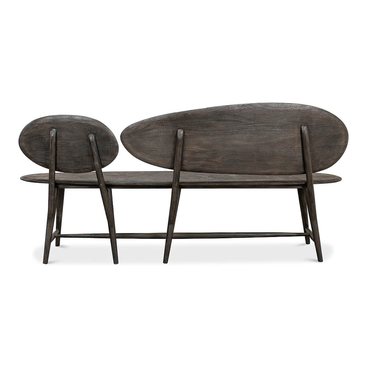 Organic modern wood bench, back view.