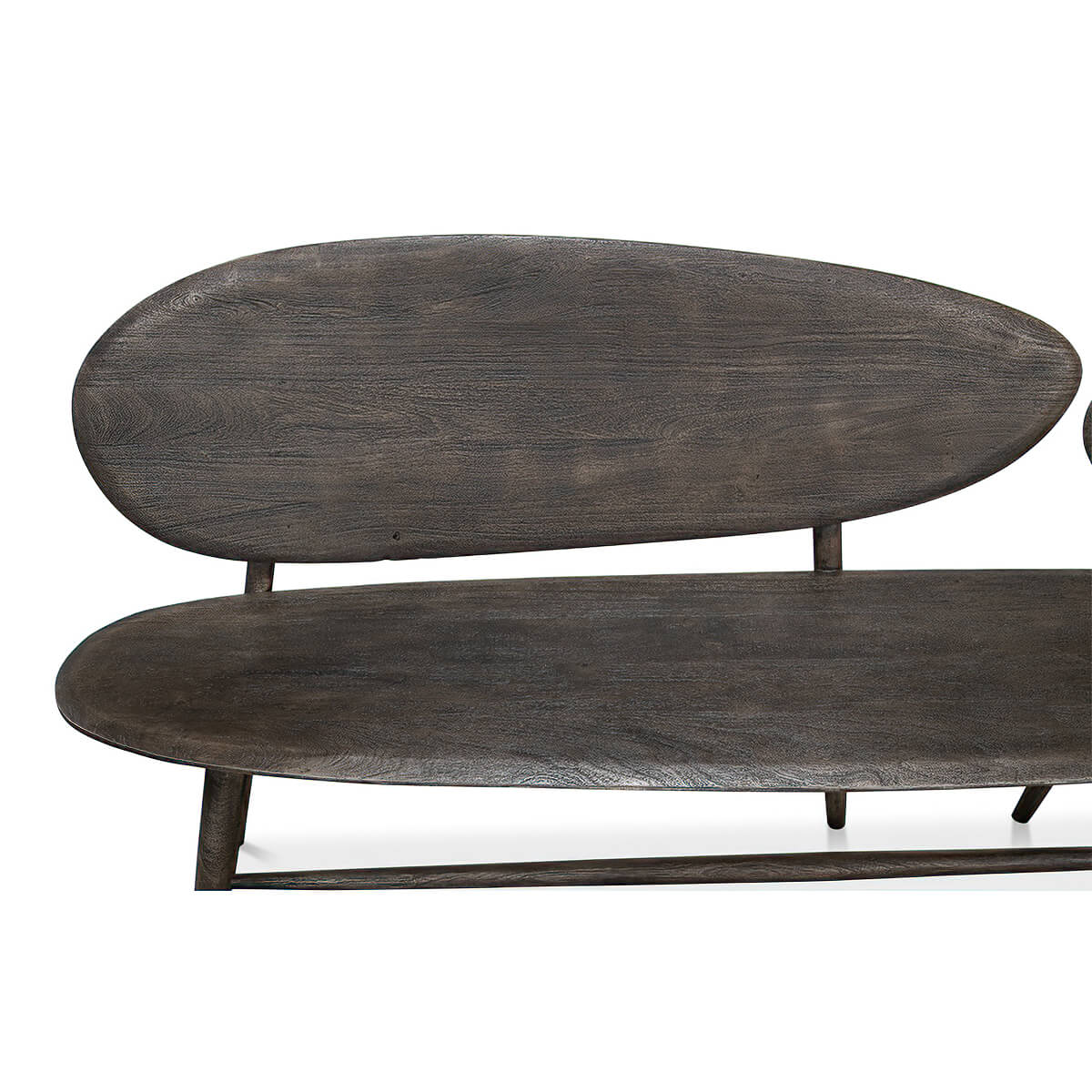 Close-up of organic wood bench, larger backrest detail.