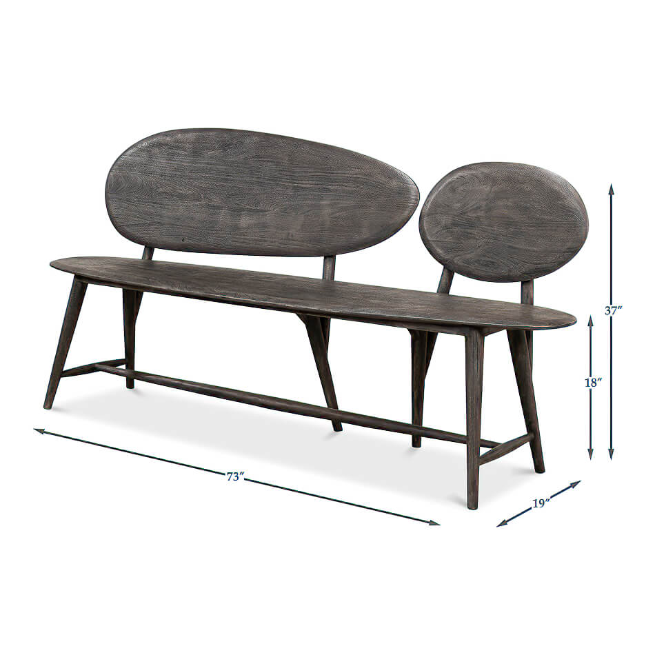 Organic modern wood bench, dimensions and measurements shown.
