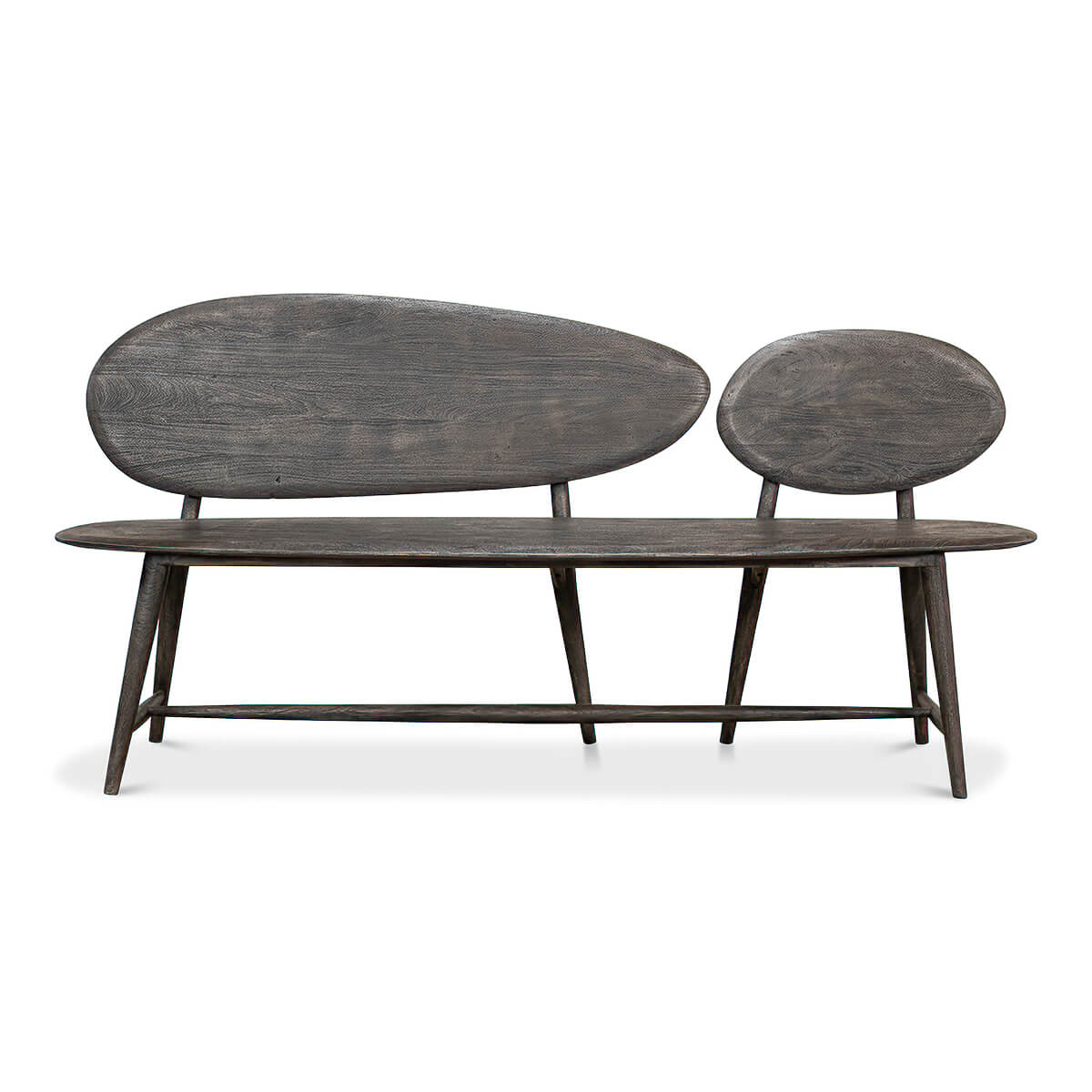 Organic modern wood bench, front view.