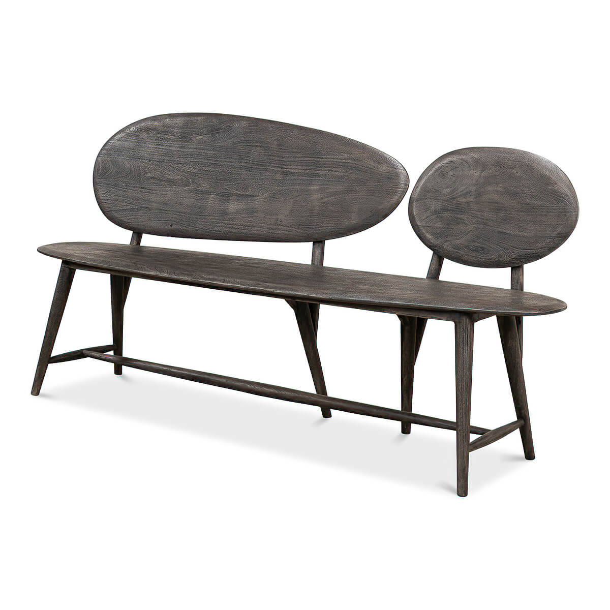 Organic modern wood bench, front angled view.
