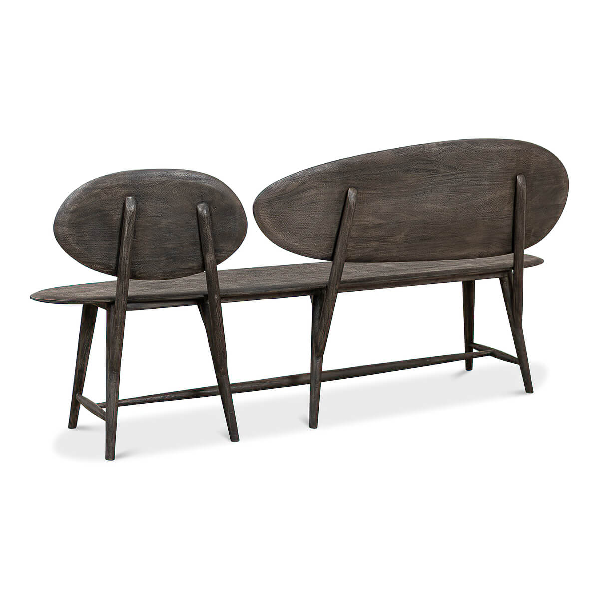 Organic modern wood bench, back angled view.