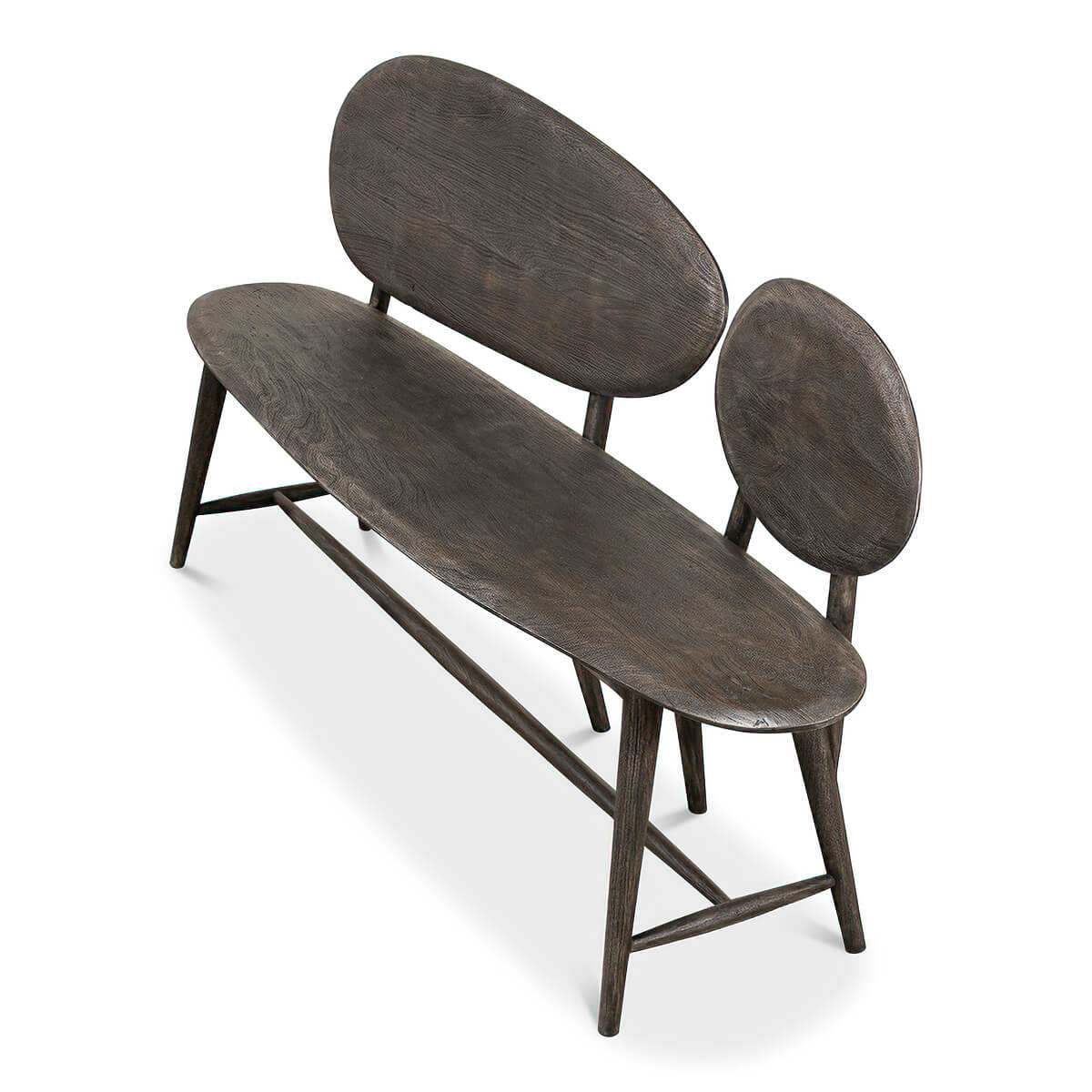 Organic modern wood bench, top angled view.