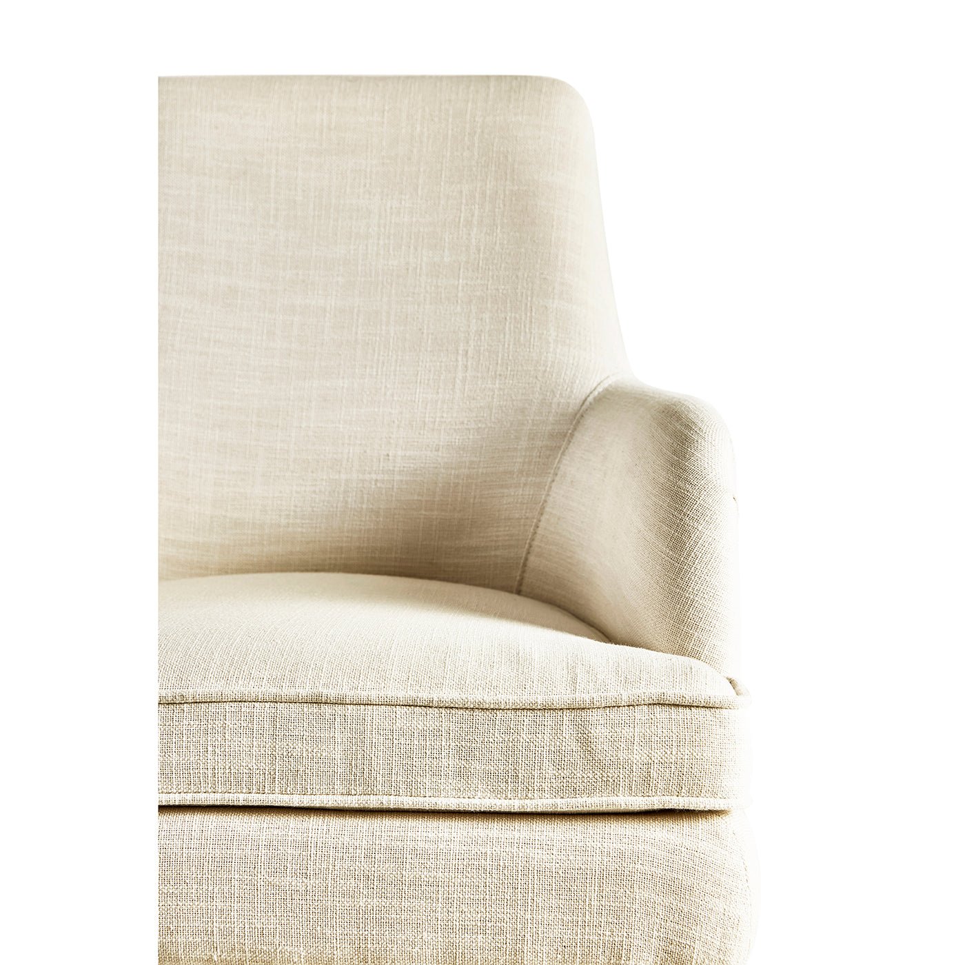 Cream linen armchair, close-up of seat and arm.