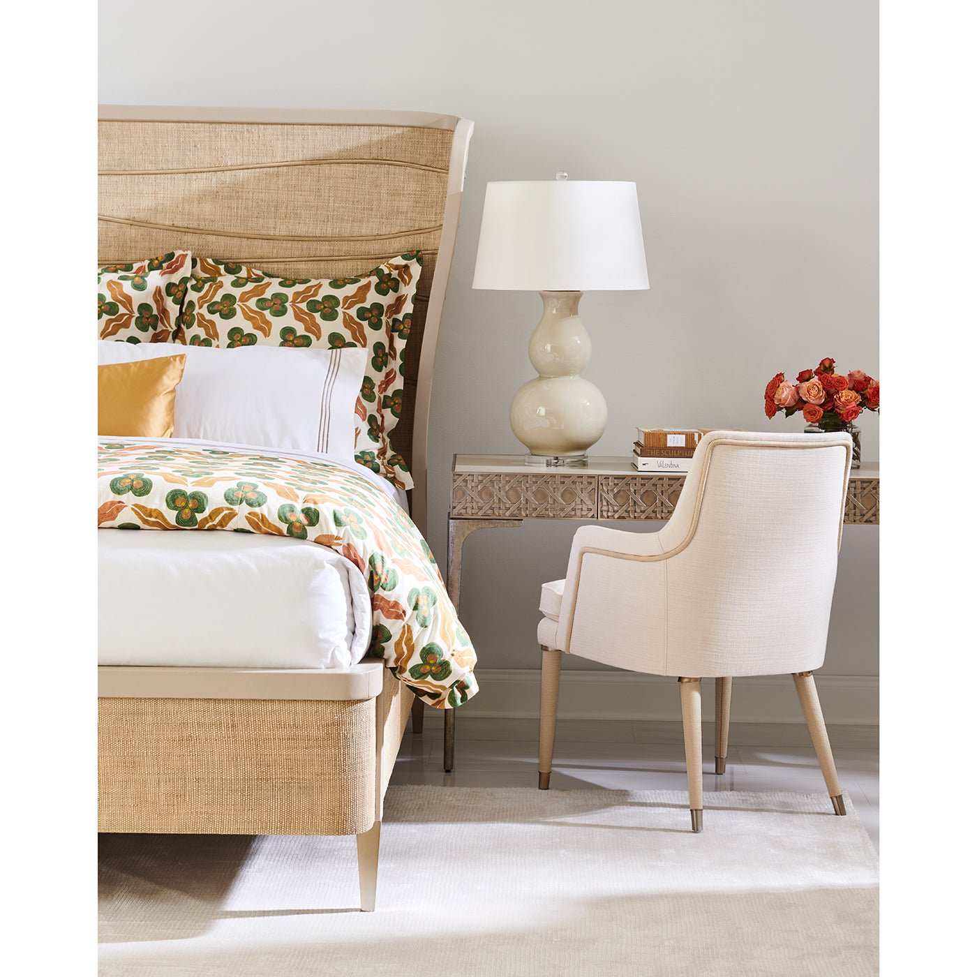 Cream linen armchair, bedroom setting, next to desk.