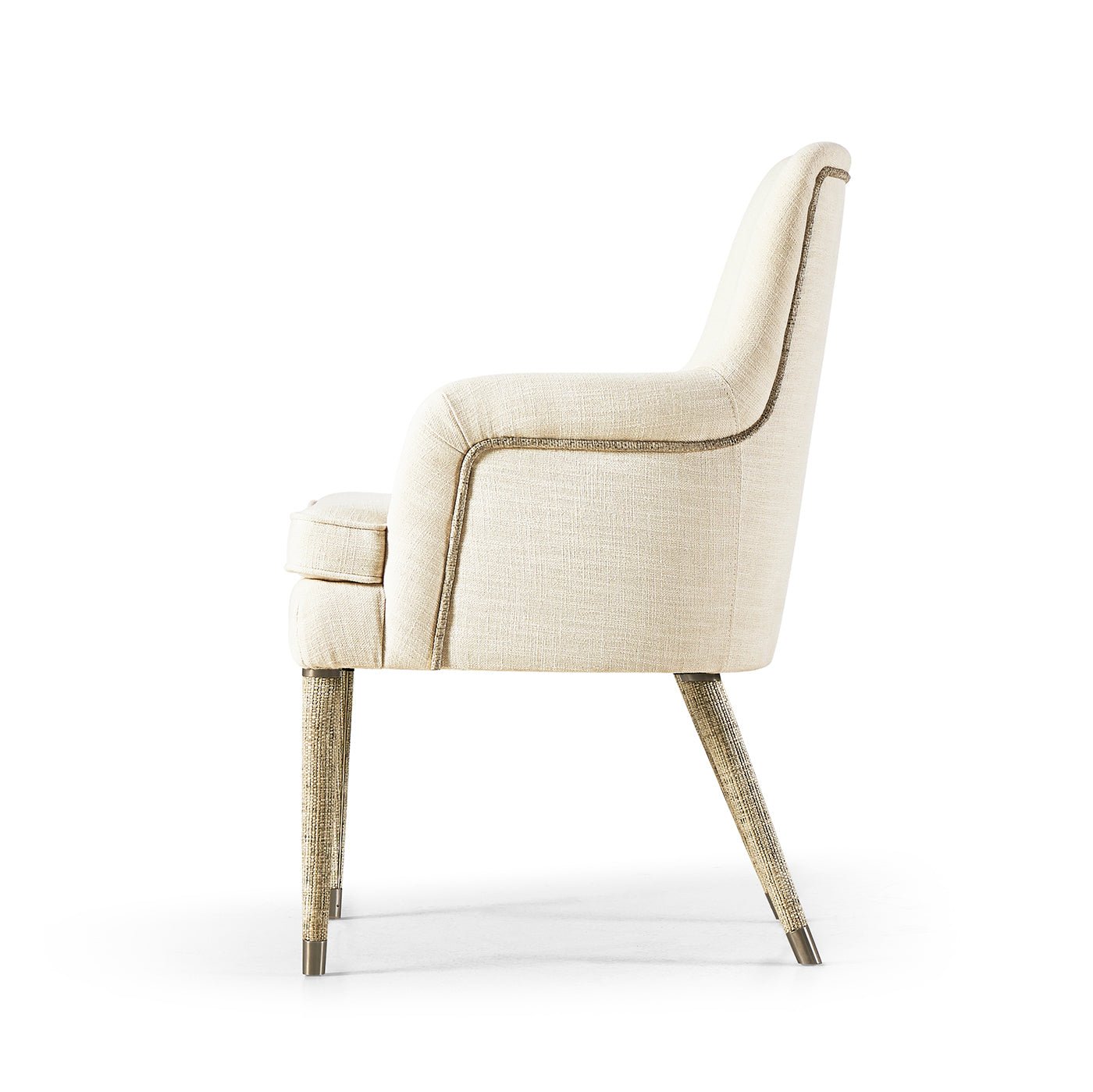Cream linen armchair, side profile, wooden legs.