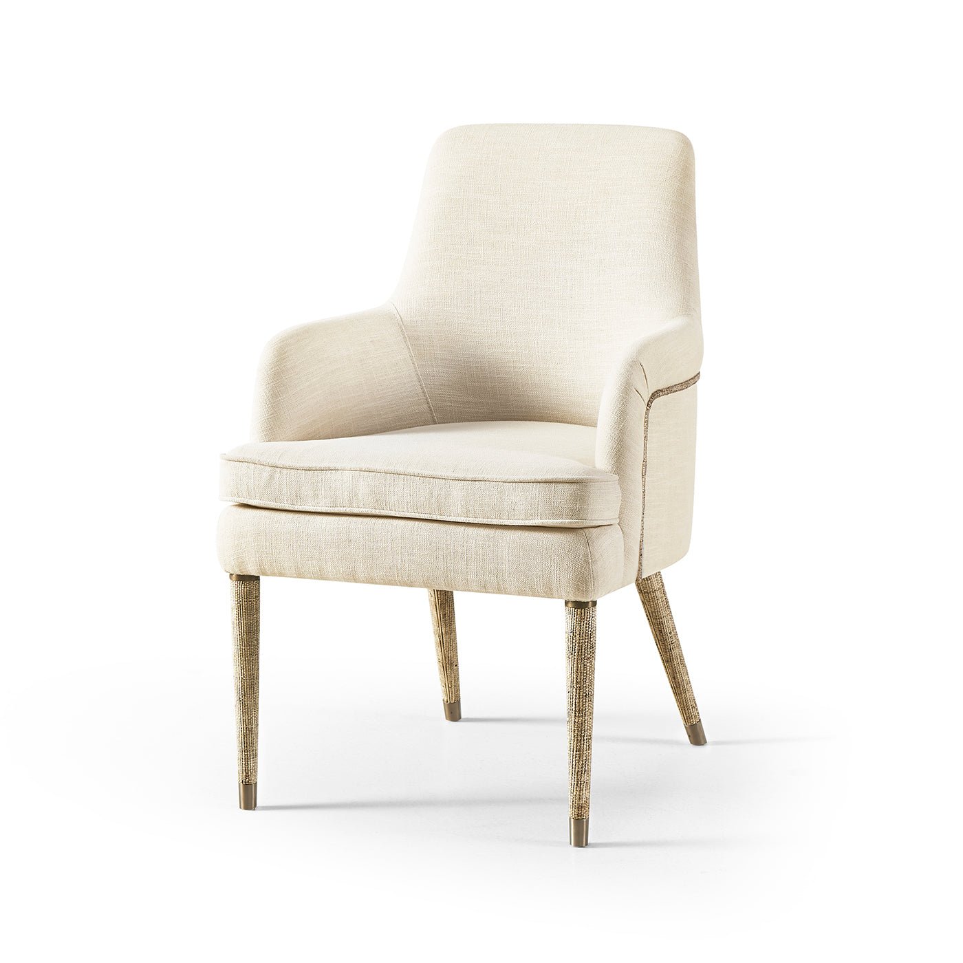Cream linen armchair, angled front view, wooden legs.