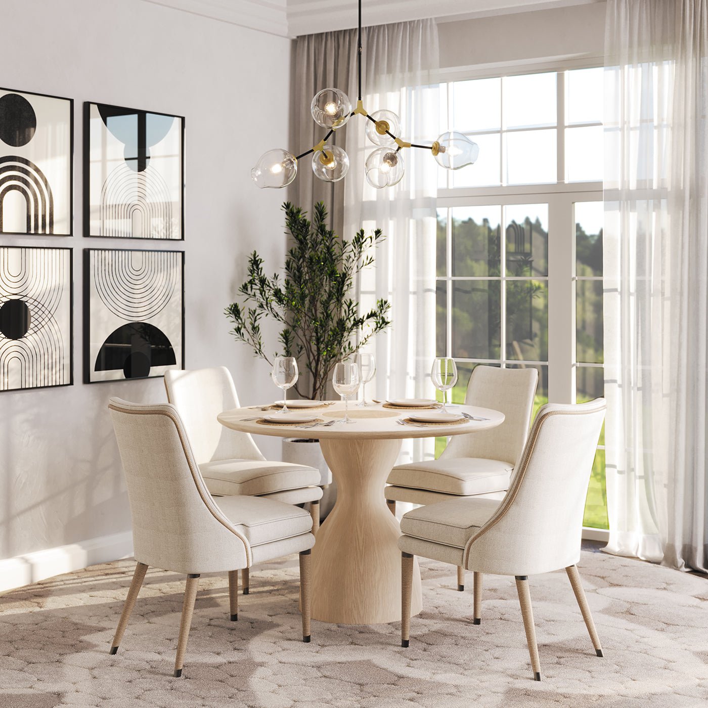 Dining room with beige dining chairs around table.