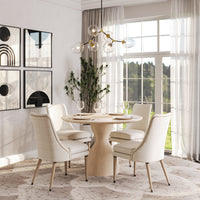 Dining room with beige dining chairs around table.