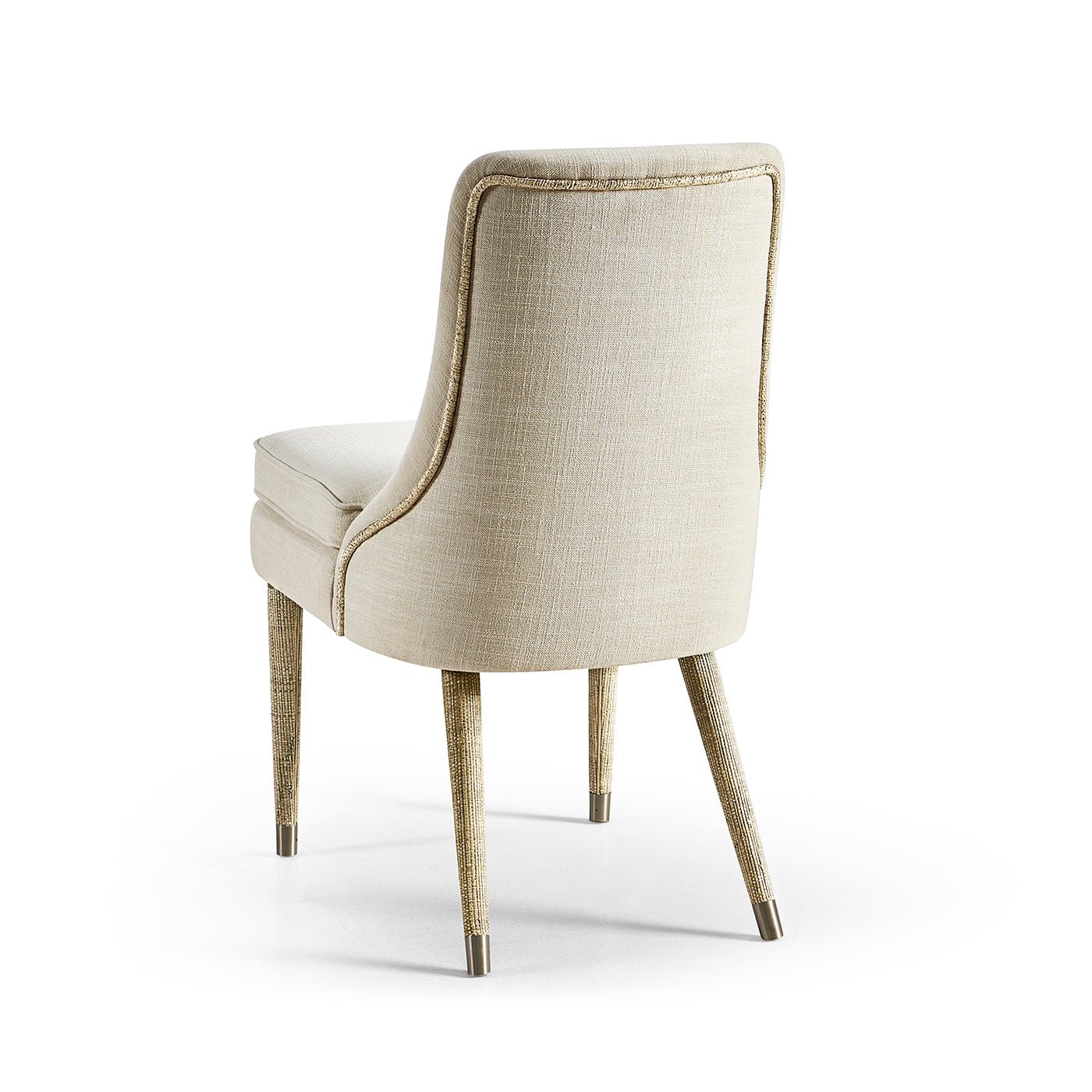 Back view of beige upholstered side chair.