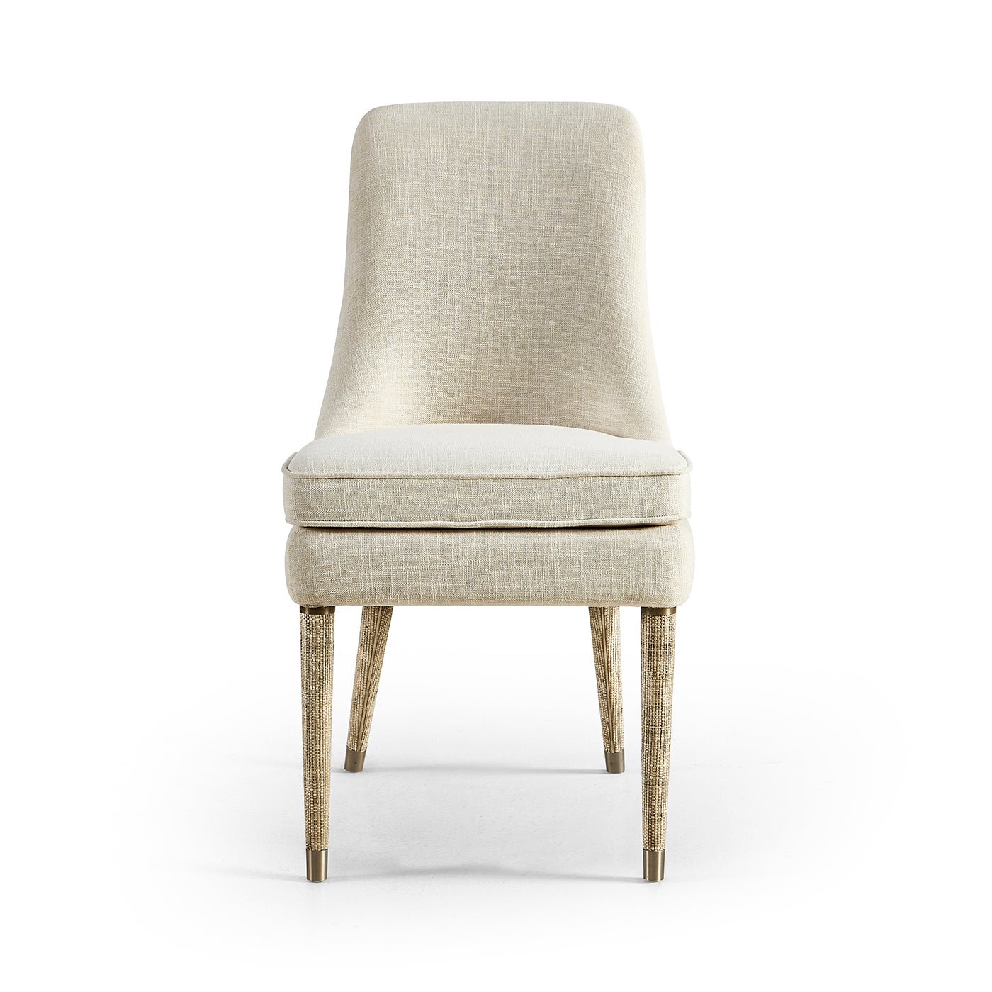 Beige upholstered side chair front perspective view.