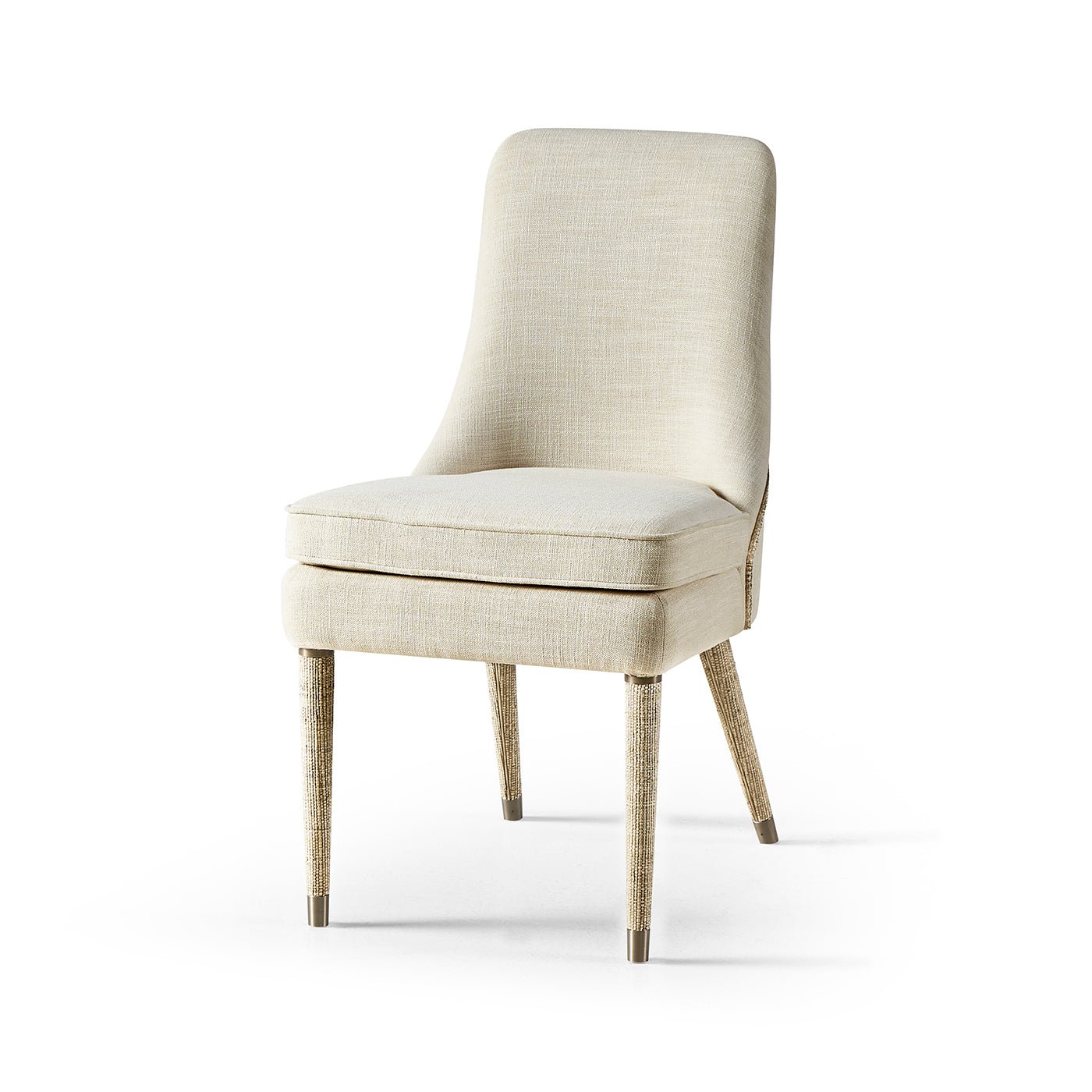 Front view of beige upholstered dining chair.