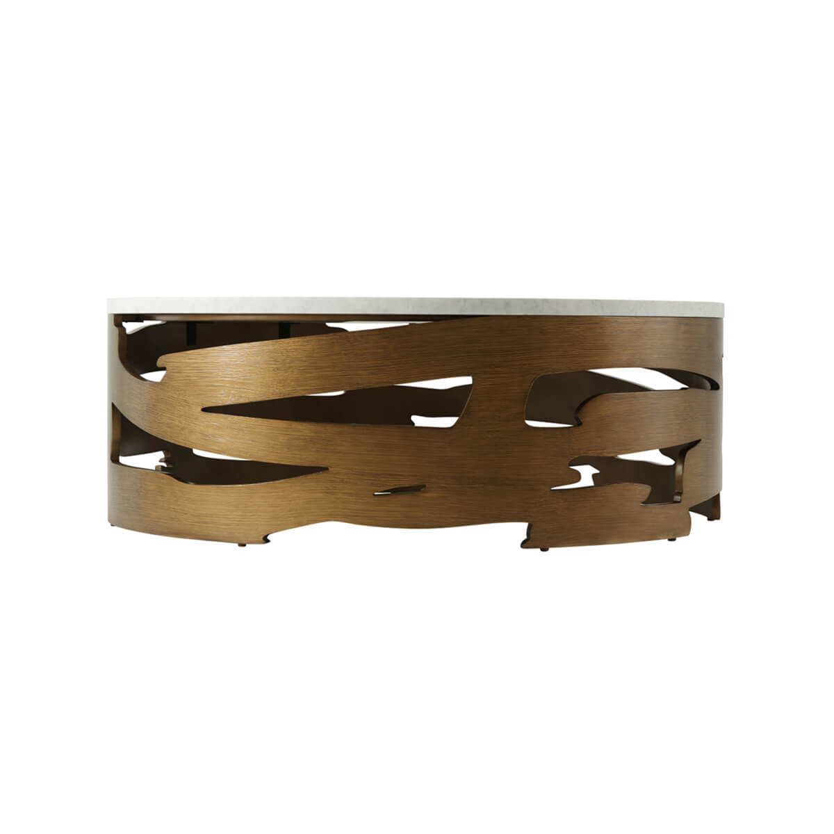 Side view of coffee table highlighting abstract base.
