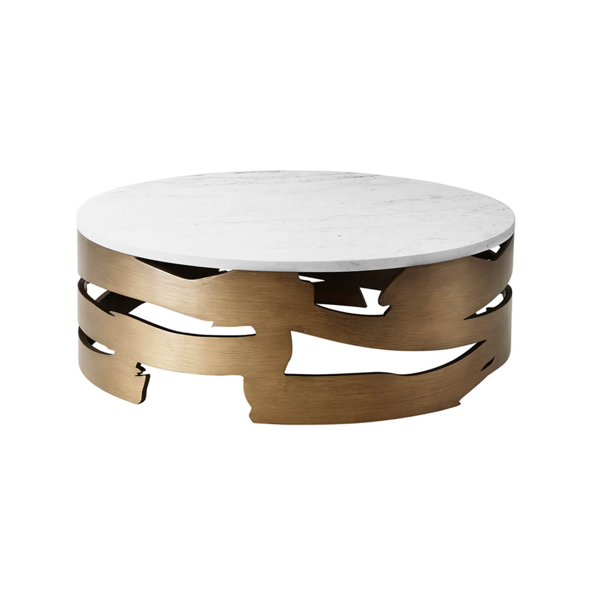 Round marble top coffee table with artistic base design.