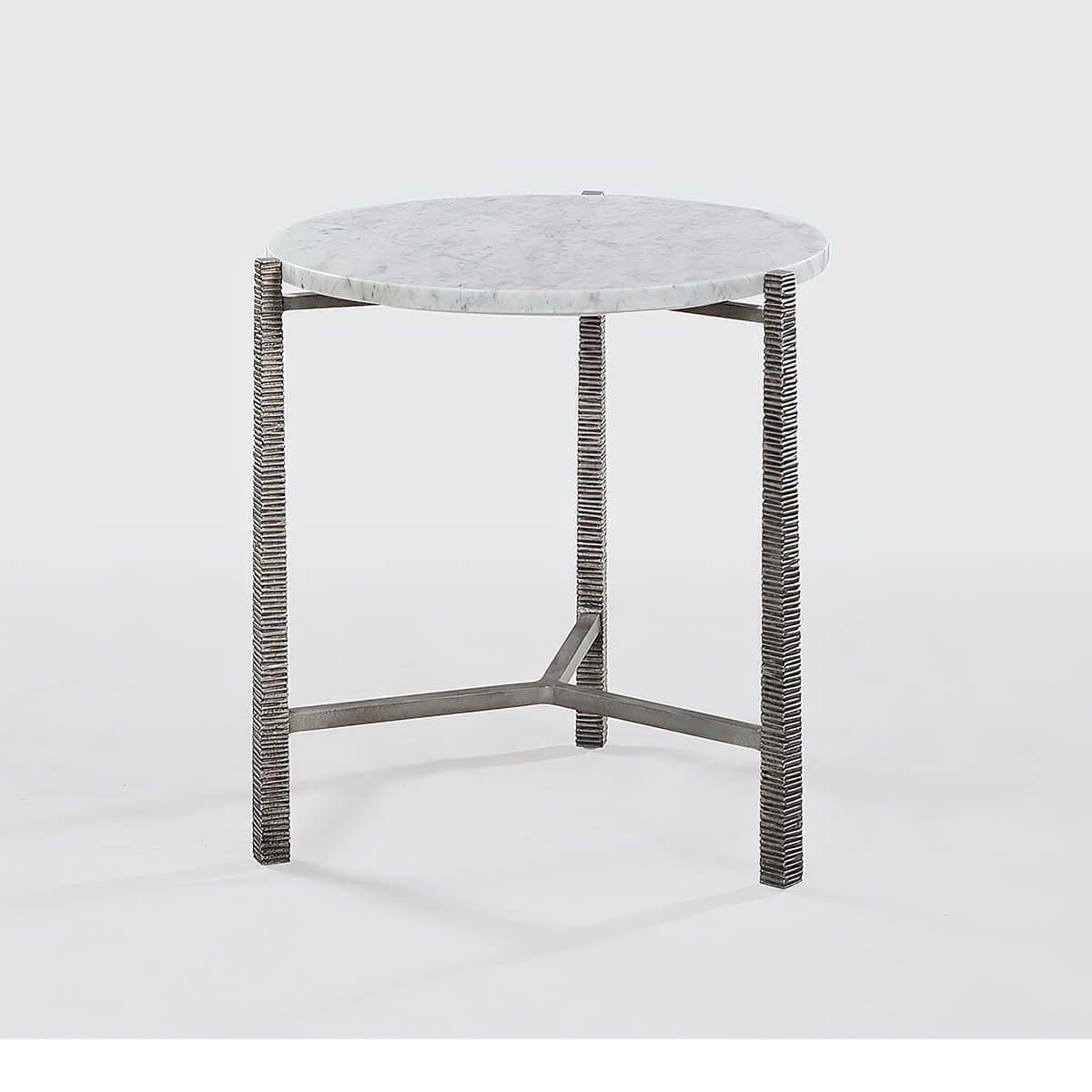 Minimalist side table with marble surface and textured frame.