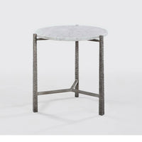 Minimalist side table with marble surface and textured frame.