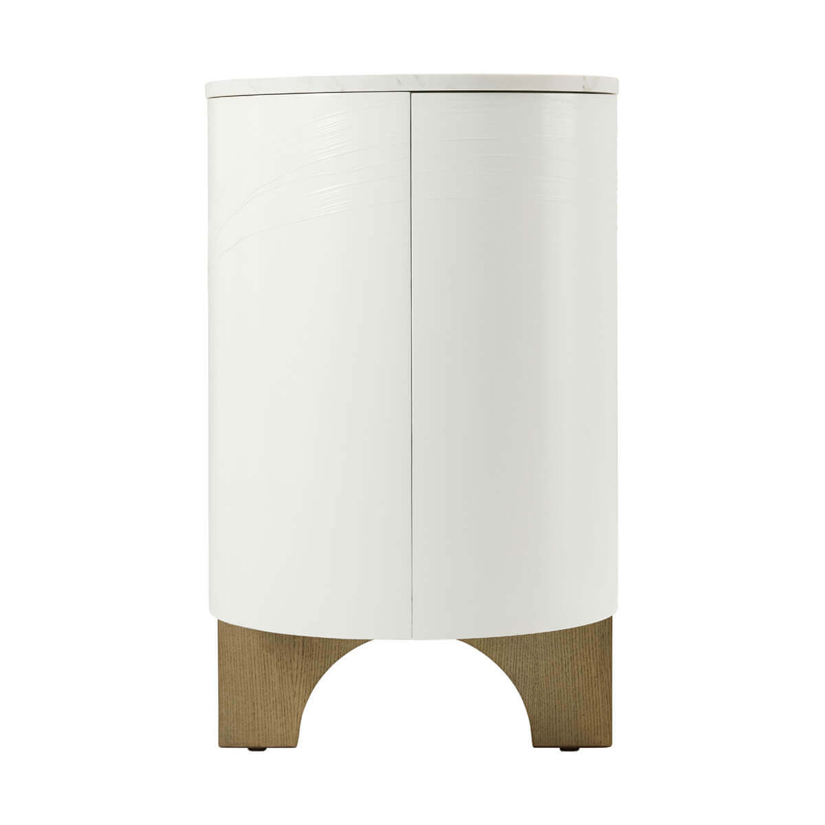 Side view of media cabinet highlighting rounded edges.