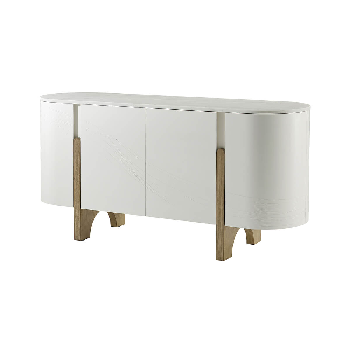 White modern media cabinet with wood legs, angled view.